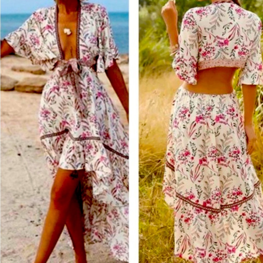 Boho Cut Out High Low Floral Print Cotton Dress NEW Cream Cutout Midriff Midi